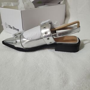 The Drop Evie Women's Silver Pointed Toe Slingback Buckle Detail Mules 7.5 NIB